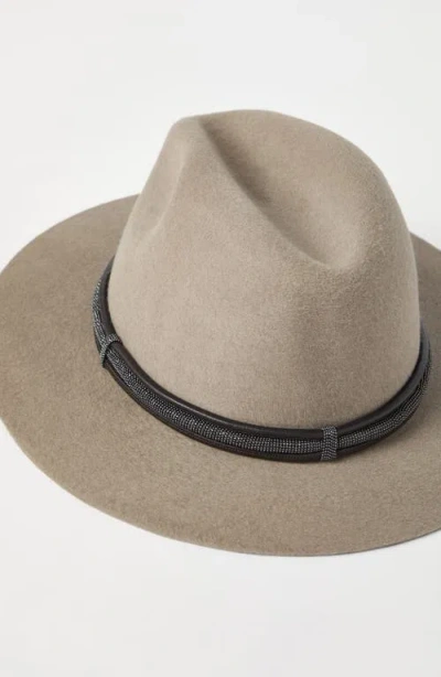 Brunello Cucinelli Fedora Hat With Tubular Leather Band And Monile Detail In Gray