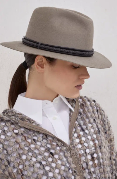 Brunello Cucinelli Fedora Hat With Tubular Leather Band And Monile Detail In Gray