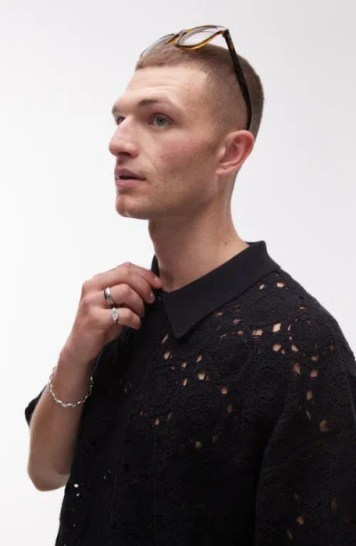 Topman Relaxed Openwork Floral Short Sleeve Button-up Shirt In Black