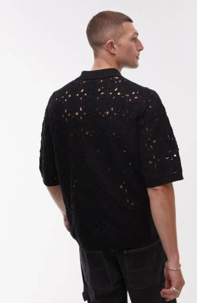Topman Relaxed Openwork Floral Short Sleeve Button-up Shirt In Black