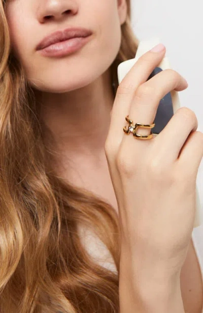 Unode50 Double Ring Of Metal Alloy Plated In Gold 18k With White Topaz