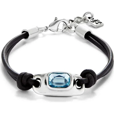 Unode50 Bracelet Leather And Metal Alloy Plated Sterling Silver With Blue Faceted Glass In Black