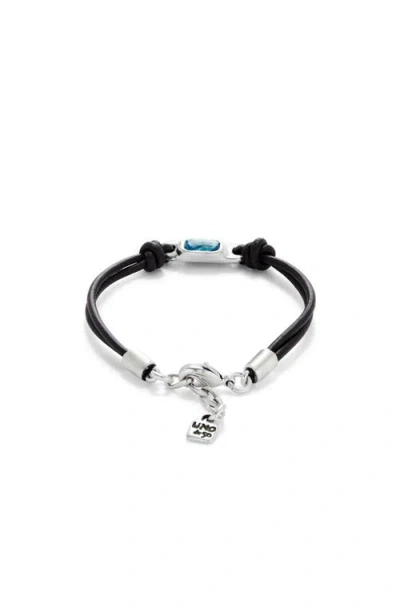 Unode50 Bracelet Leather And Metal Alloy Plated Sterling Silver With Blue Faceted Glass In Black
