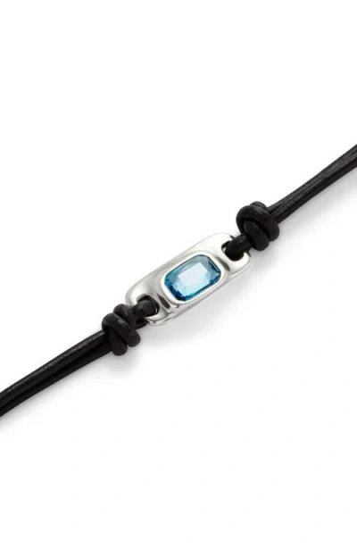 Unode50 Bracelet Leather And Metal Alloy Plated Sterling Silver With Blue Faceted Glass In Black