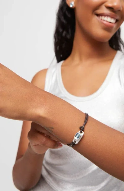 Unode50 Bracelet Leather And Metal Alloy Plated Sterling Silver With Blue Faceted Glass In Black