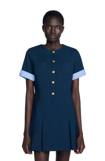 Sandro Womens Navy Blue Patch-pocket Pleated Stretch-woven Mini Dress