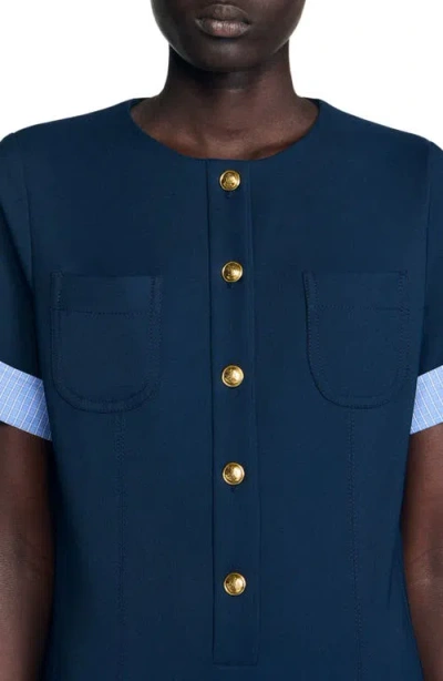 Sandro Womens Navy Blue Patch-pocket Pleated Stretch-woven Mini Dress