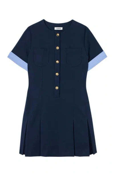 Sandro Womens Navy Blue Patch-pocket Pleated Stretch-woven Mini Dress