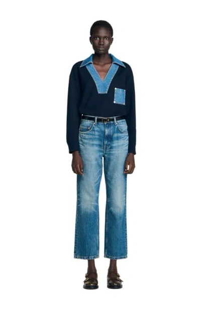 Sandro Womens Navy Blue Denim-detail Relaxed-fit Knitted Jumper