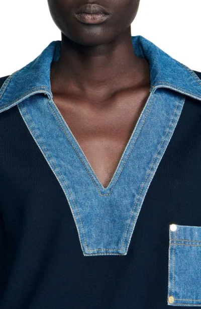 Sandro Womens Navy Blue Denim-detail Relaxed-fit Knitted Jumper