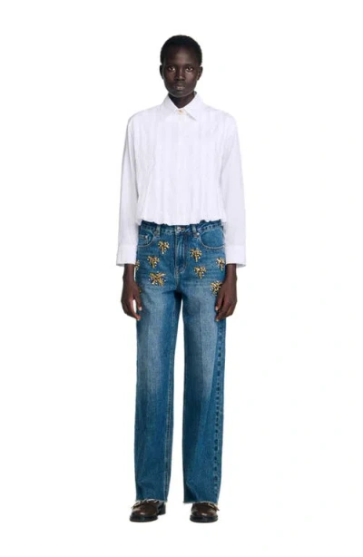 Sandro Womens White Pleated Cropped Cotton Shirt