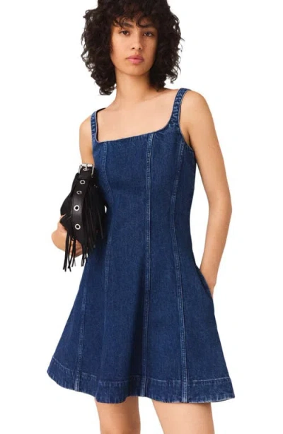Maje Womens Denim Blue Round-neck Flared-skirt Sleeveless Stretch-denim Mini Dress