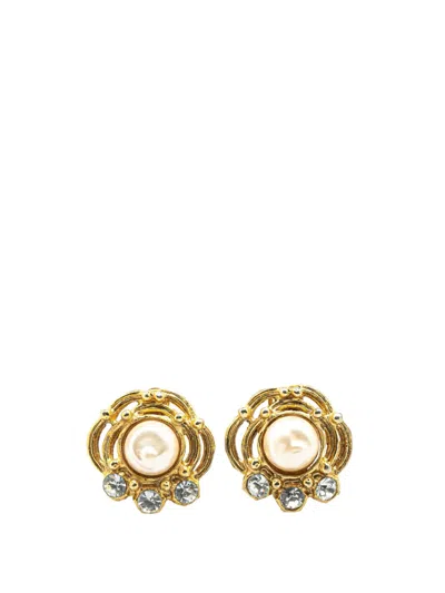 Pre-owned Chanel 20th Century Gold Plated Faux Pearl And Rhinestones Clip On Earrings Costume Earrings