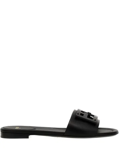 Fendi Open Toe Leather Signature Slippers In Black