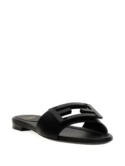 Fendi Open Toe Leather Signature Slippers In Black