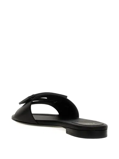 Fendi Open Toe Leather Signature Slippers In Black