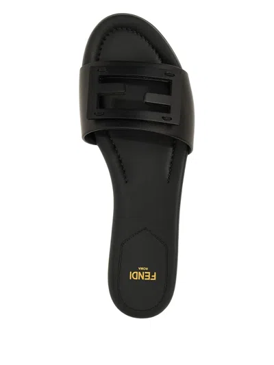 Fendi Open Toe Leather Signature Slippers In Black