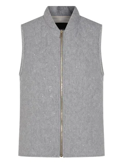 Fabiana Filippi Quilted Vest With Sequin Embellishments And Stand Collar In Gray