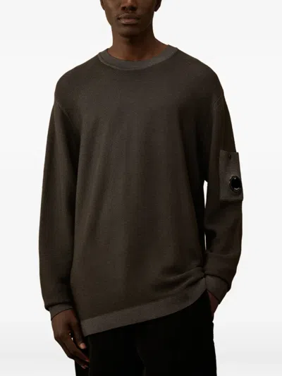 C.p. Company Fine-knit Merino Crewneck Sweater With Patch Pocket Detail In Brown