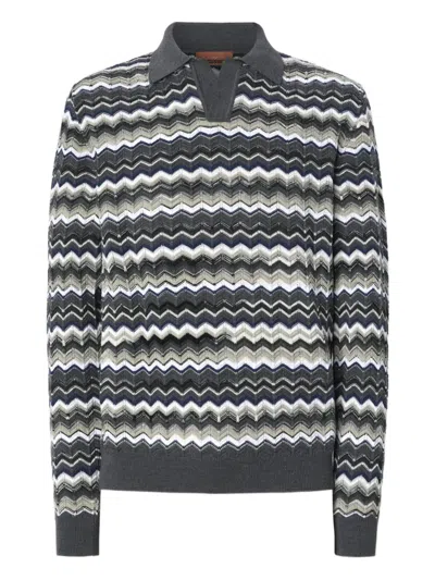 Missoni Mens Grey And Beige Tones Zig-zag Pattern Long-sleeve Cotton And Wool Polo Shirt In Gray