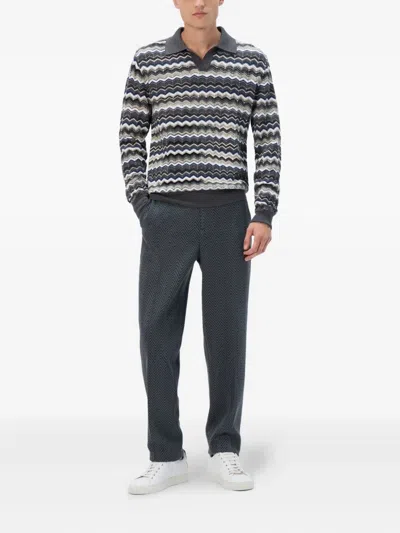 Missoni Mens Grey And Beige Tones Zig-zag Pattern Long-sleeve Cotton And Wool Polo Shirt In Gray