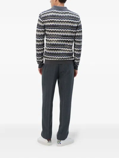 Missoni Mens Grey And Beige Tones Zig-zag Pattern Long-sleeve Cotton And Wool Polo Shirt In Gray
