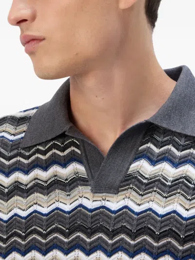 Missoni Mens Grey And Beige Tones Zig-zag Pattern Long-sleeve Cotton And Wool Polo Shirt In Gray