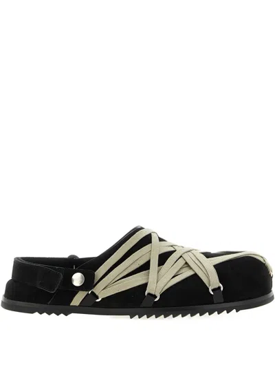 Rick Owens Black Mules With Oversize Decorative Laces And Buckle Closure In Leather Man In Animal Print