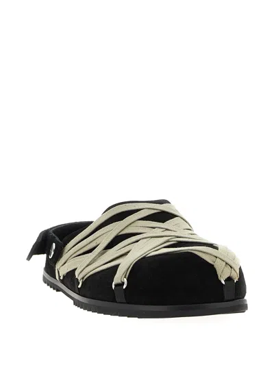 Rick Owens Black Mules With Oversize Decorative Laces And Buckle Closure In Leather Man In Animal Print