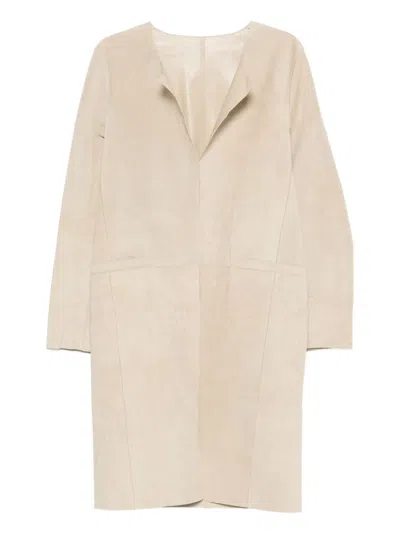 Totême Long Sleeve Suede Leather Coat In White