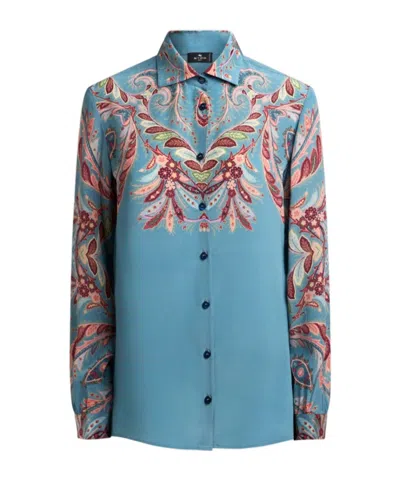 Etro Paisley Print Silk Shirt In Blue