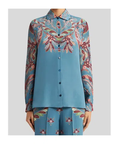 Etro Paisley Print Silk Shirt In Blue