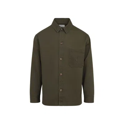 Saint Laurent Green Shirt With Classic Collar And Cassandre Embroidery On The Front In Cotton Man