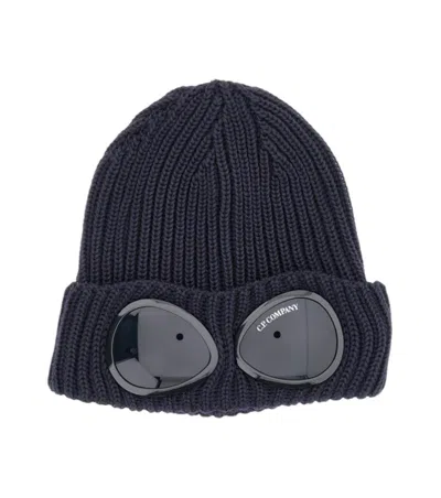 C.p. Company Cable Knit Beanie With Folded Brim And Goggle In Blue