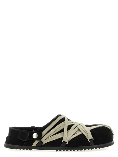 Rick Owens Black Mules With Oversize Decorative Laces And Buckle Closure In Leather Man In Animal Print