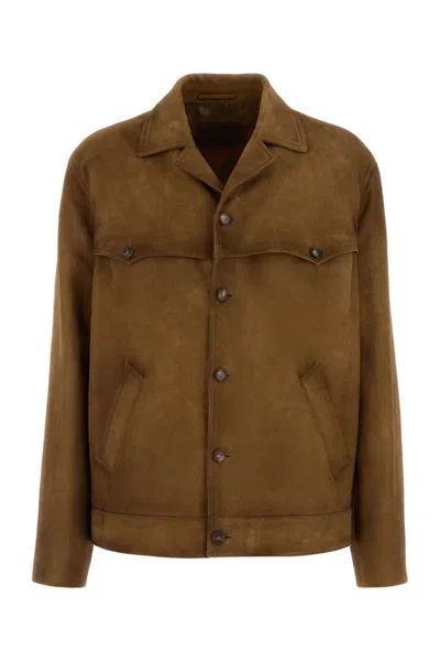 Prada Button-up Brown Coat With Structured Collar In Brown