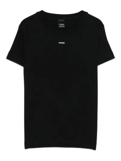 Pinko Black Cotton Crew Neck T-shirt With Logo  In Black
