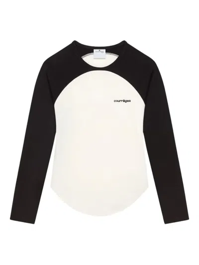 Courrèges Long-sleeved Contrast T-shirt With Rounded Hem And Logo Print In White