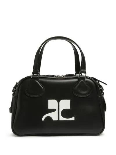 Courrèges Rectangular Black Cowhide Leather Shoulder Bag With Contrasting Logo In Black