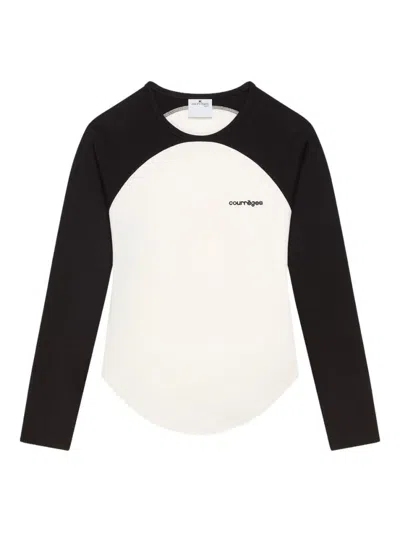 Courrèges Long-sleeved Contrast T-shirt With Rounded Hem And Logo Print In White
