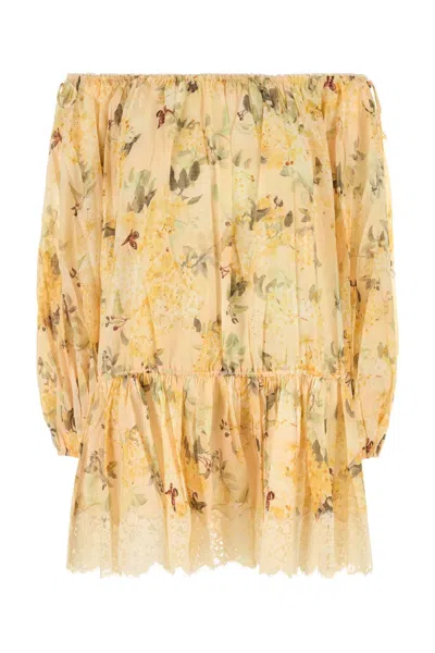 Zimmermann Cascadian Off-the-shoulder Lace-trimmed Printed Cotton-voile Mini Dress In Yellow