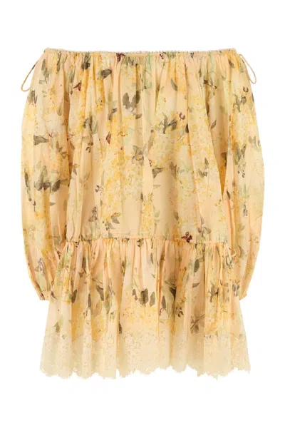 Zimmermann Cascadian Off-the-shoulder Lace-trimmed Printed Cotton-voile Mini Dress In Yellow