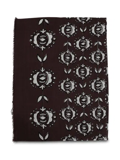 Weekend Max Mara Rectangular Floral Pattern Scarf With Fringed Edges In Brown