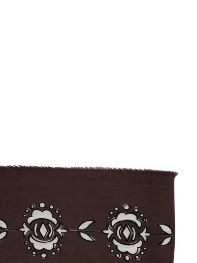 Weekend Max Mara Rectangular Floral Pattern Scarf With Fringed Edges In Brown
