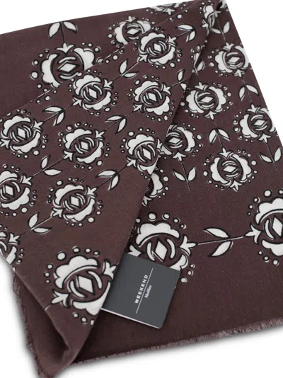 Weekend Max Mara Rectangular Floral Pattern Scarf With Fringed Edges In Brown
