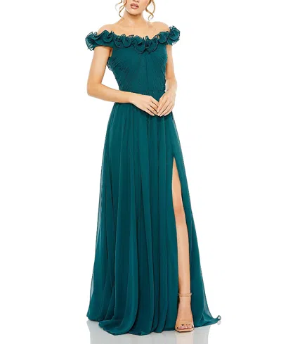 Mac Duggal Ruched Off The Shoulder A Line Gown In Green