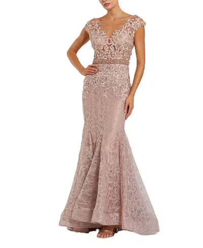 Mac Duggal High Neck Shoulder Flower Detail Mermaid Gown In Pink