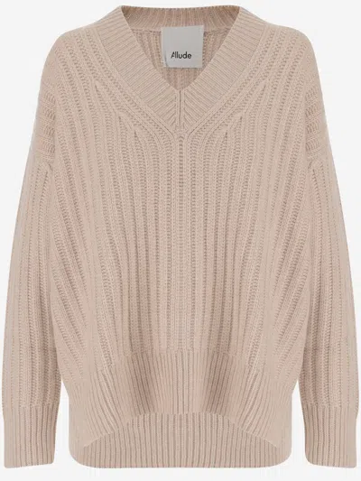 Allude V-neck Cashmere Sweater With Rib Knitting And Elasticized Edges In Gray