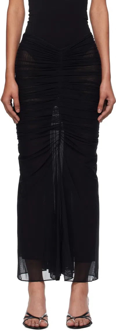 Mugler Black Ruched Mesh Midi Skirt