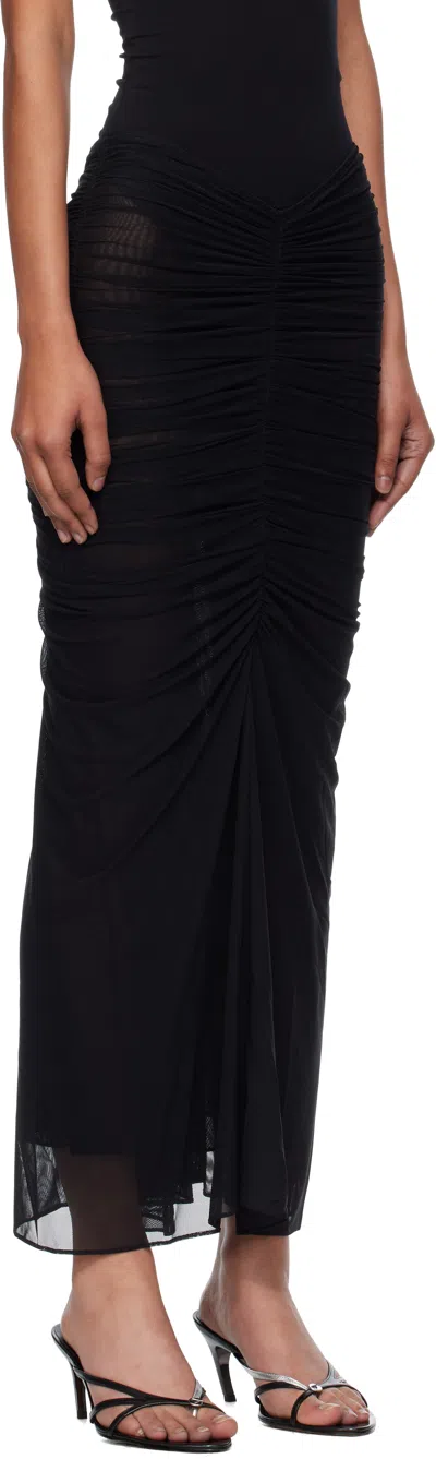 Mugler Black Ruched Mesh Midi Skirt